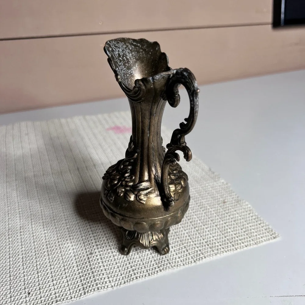 Vintage Made in Italy‎ Miniature Brass Pitcher Ornate Floral Bud Vase 4.5 Inch
